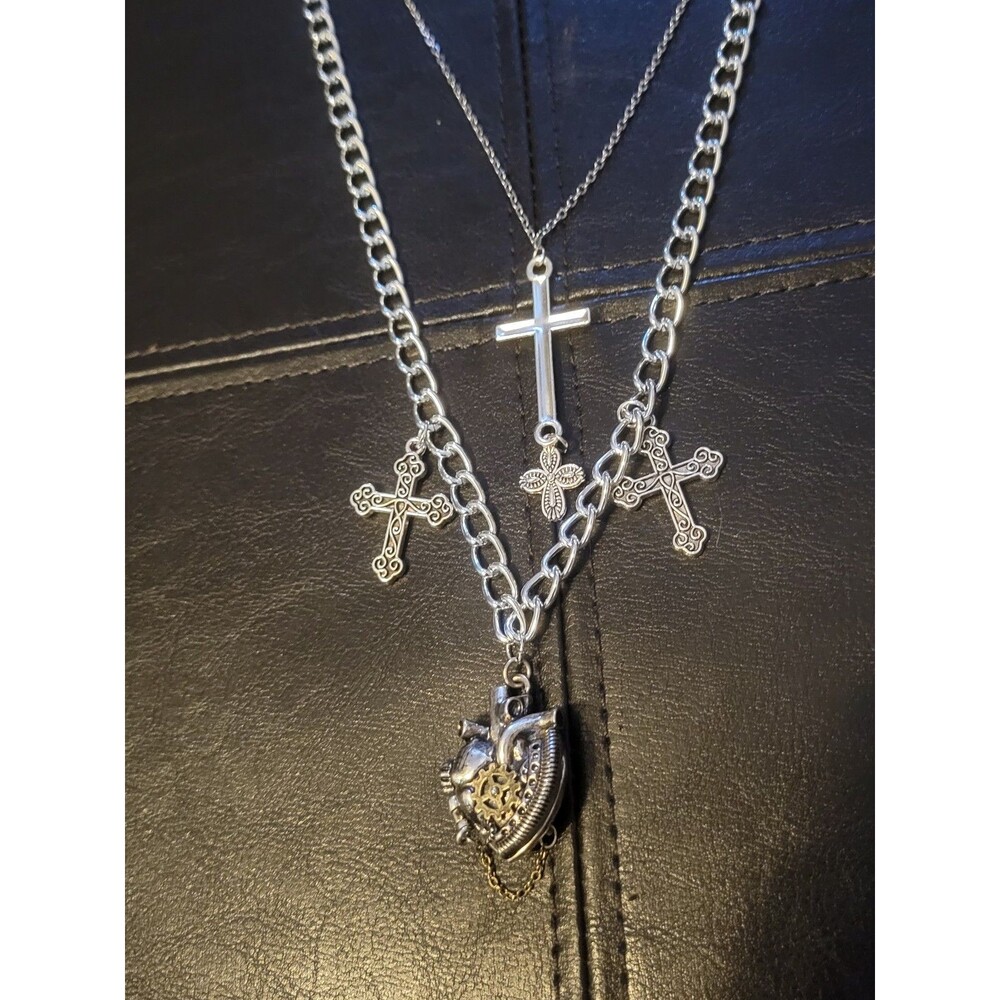 Handmade Layered Gothic Cross Chain Necklace Anatomical Heart Unisex Steampunk